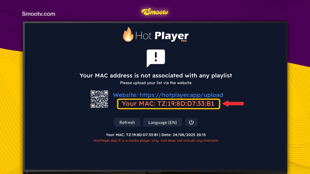 Smootv IPTV tutorial ÔÇô HOT Player app screen showing MAC address for uploading Smooth IPTV or Smootv playlist activation.