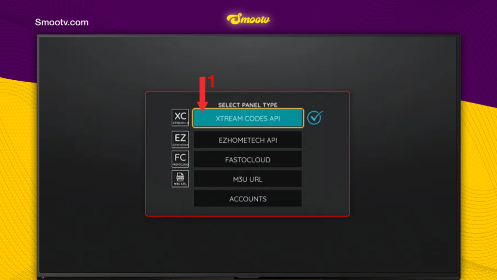 XCIPTV App setup ÔÇô selecting Xtream Codes API panel type for IPTV login with Smootv, Smootv and Smooth IPTV. Beste IPTV in Nederland.
