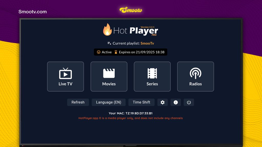 Smootv IPTV tutorial ÔÇô HOT Player home screen with active playlist showing Live TV, Movies, Series, and Radios menu for Smooth IPTV and Smootv. Smootv beste IPTV in Nederland.