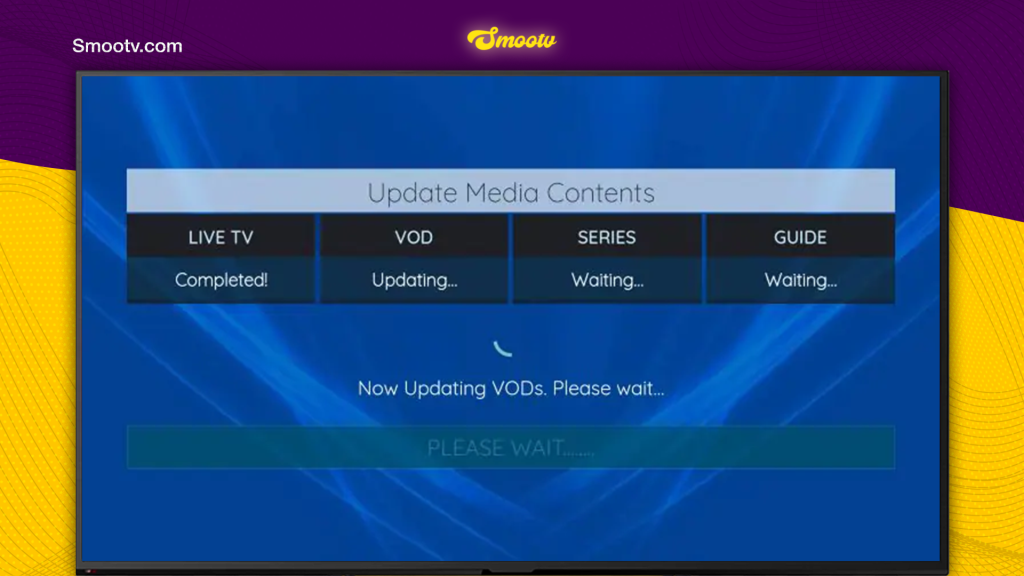 XCIPTV App updating media contents screen showing Live TV, VOD, Series, and Guide loading with Smootv IPTV playlist. Smootv Smootv smoothest and fastest IPTV provider ÔÇô beste IPTV in Nederland.