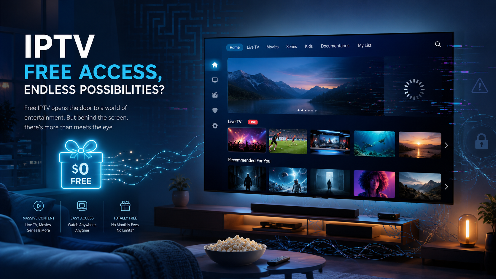 image introducing the concept of free IPTV, hinting at the complexities and potential hidden aspects.