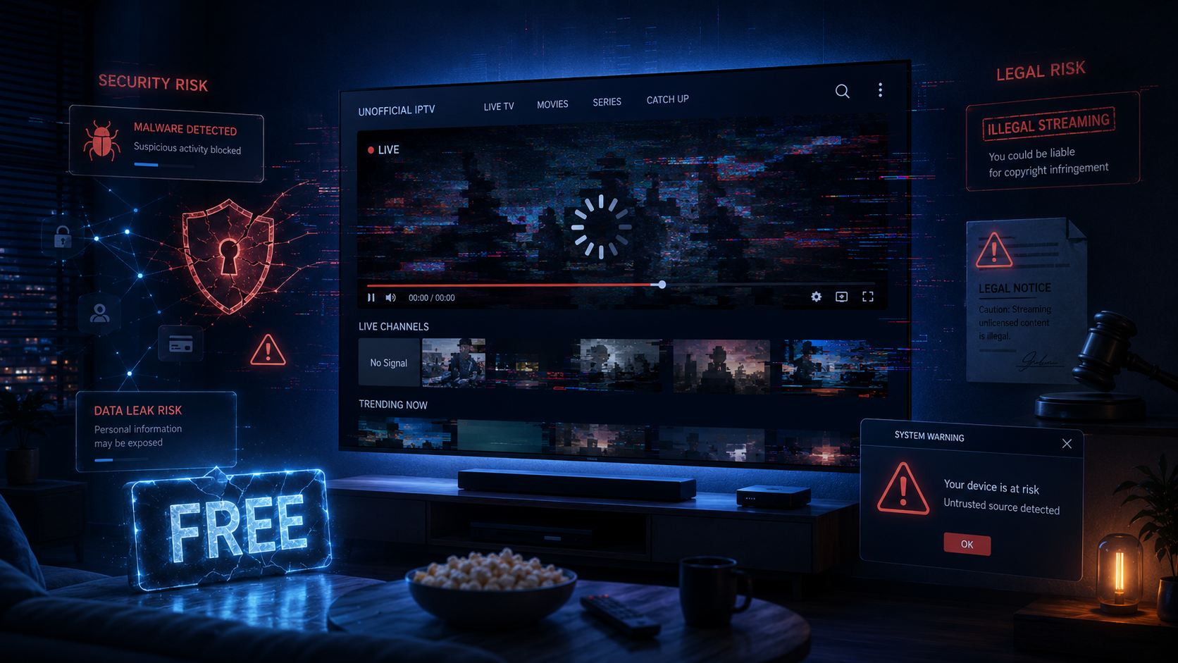 Visual representation of the risks and downsides associated with unofficial iptv
