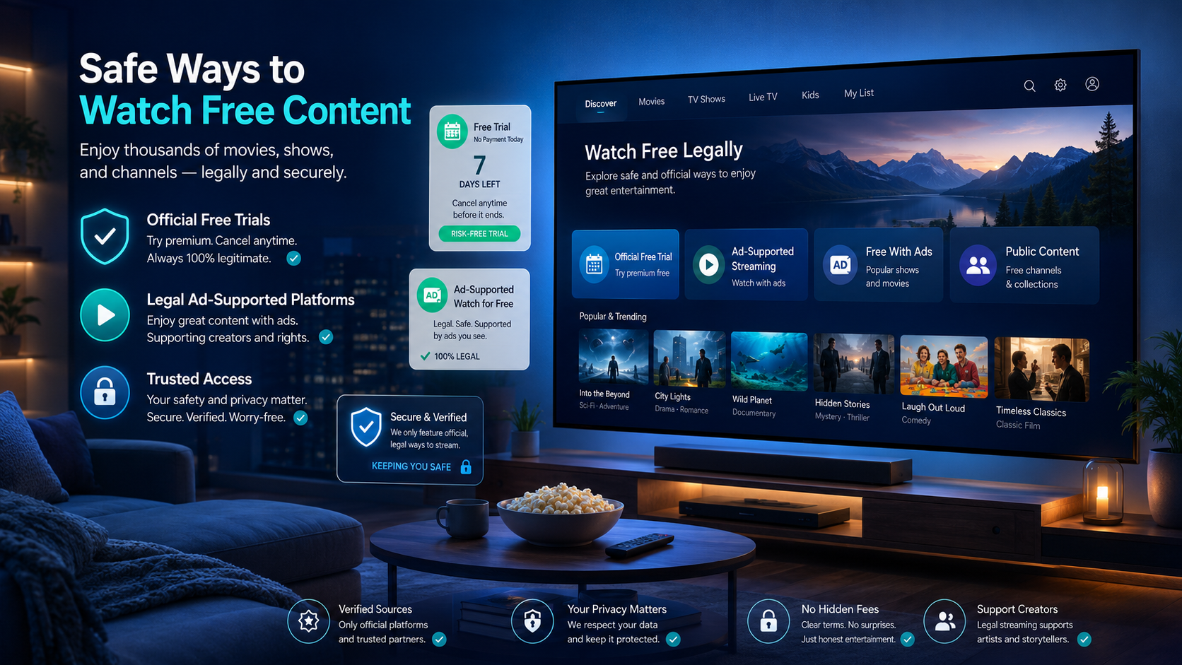 Visual illustrating legitimate and safe methods to access free content, such as official free trials or legal ad-supported streaming platforms