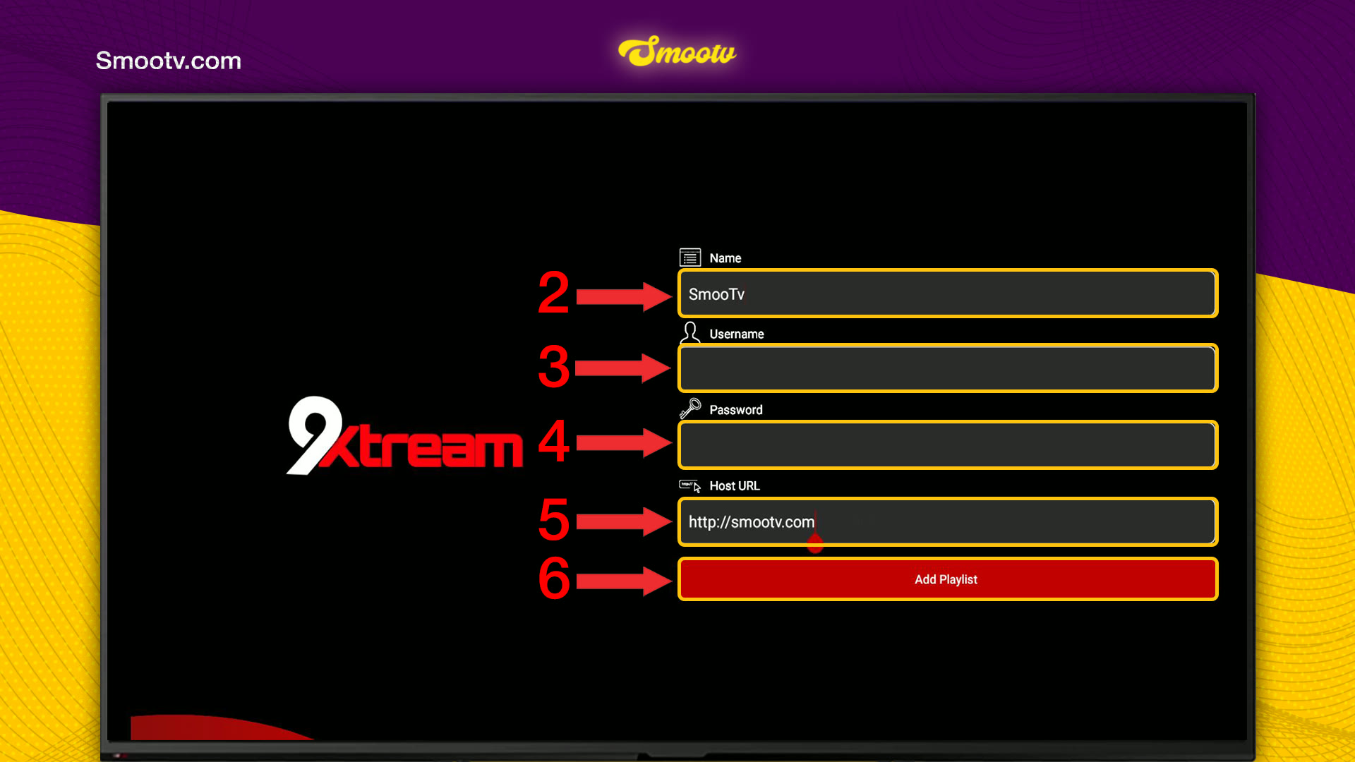 Login form in 9Xtream with the Name, Username, Password and Host URL fields and the Add Playlist button