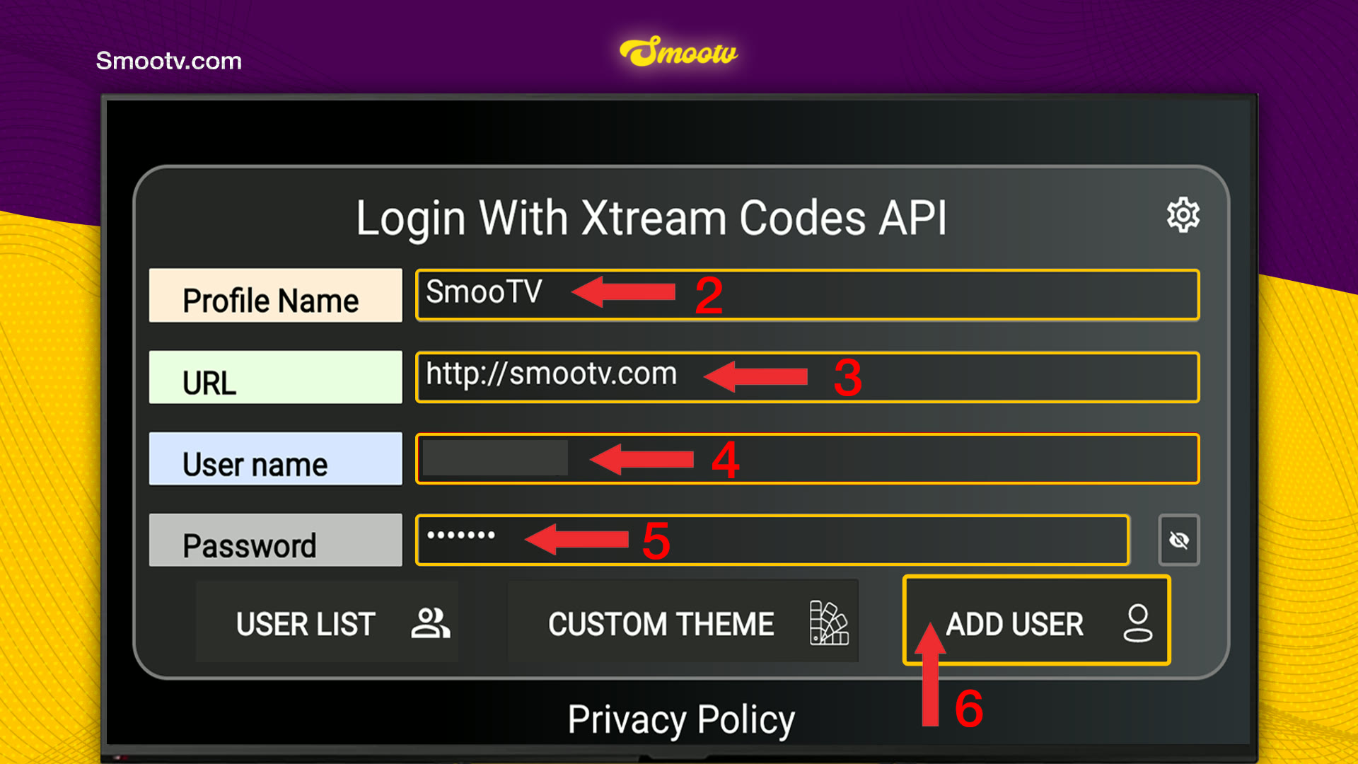 Login With Xtream Codes API form with the Profile Name, URL, User name and Password fields and the Add User button