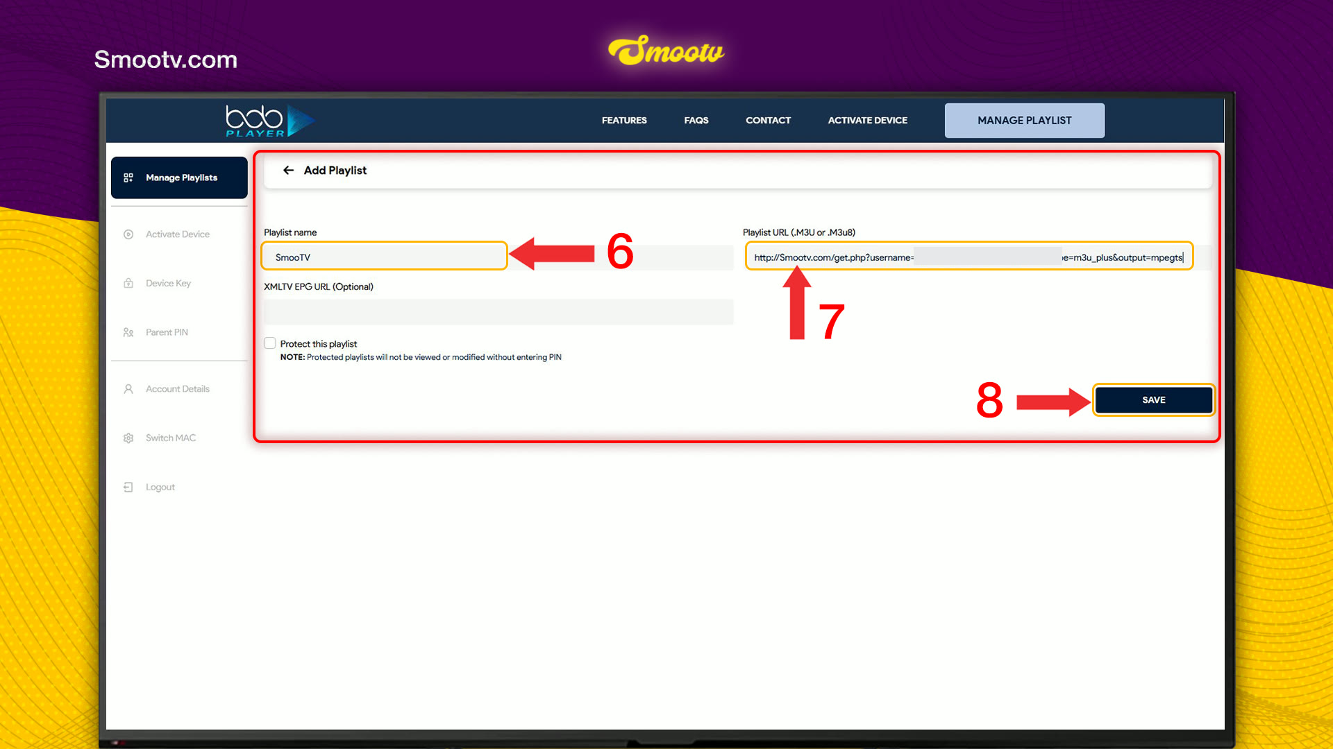Add Playlist form on the BOB Player website with the Playlist name and Playlist URL fields and the Save button