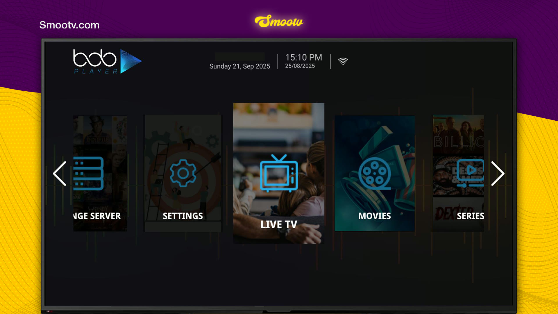 BOB Player home screen with Settings, Live TV, Movies and Series after the playlist has loaded