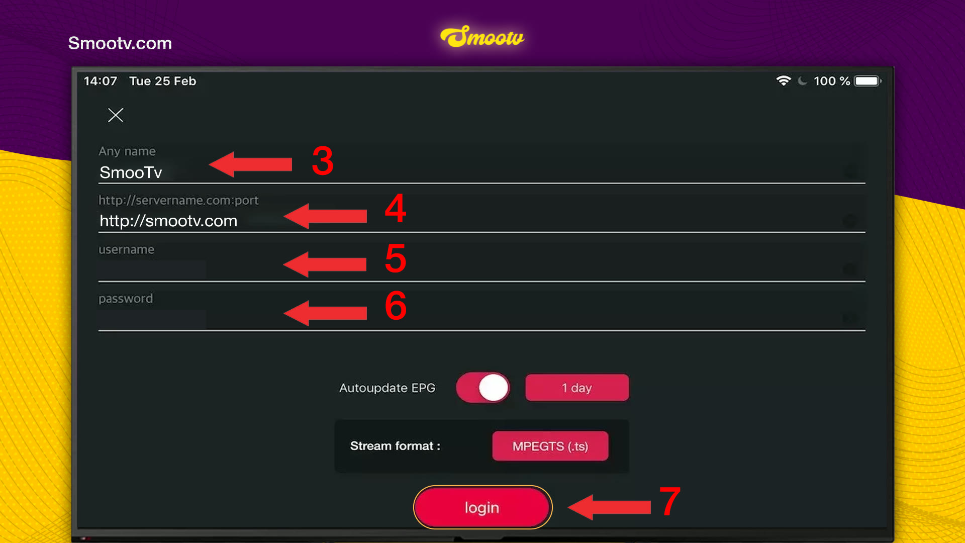 Xtream Codes form in GSE Smart IPTV with the name, server, username and password fields, Autoupdate EPG, Stream format and the Login button