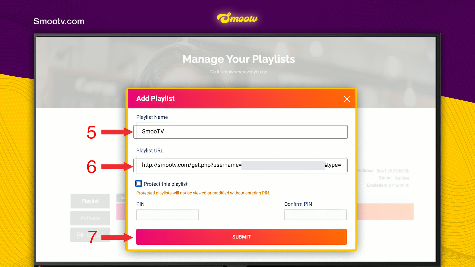 Add Playlist window with the Playlist Name and Playlist URL fields and the Submit button