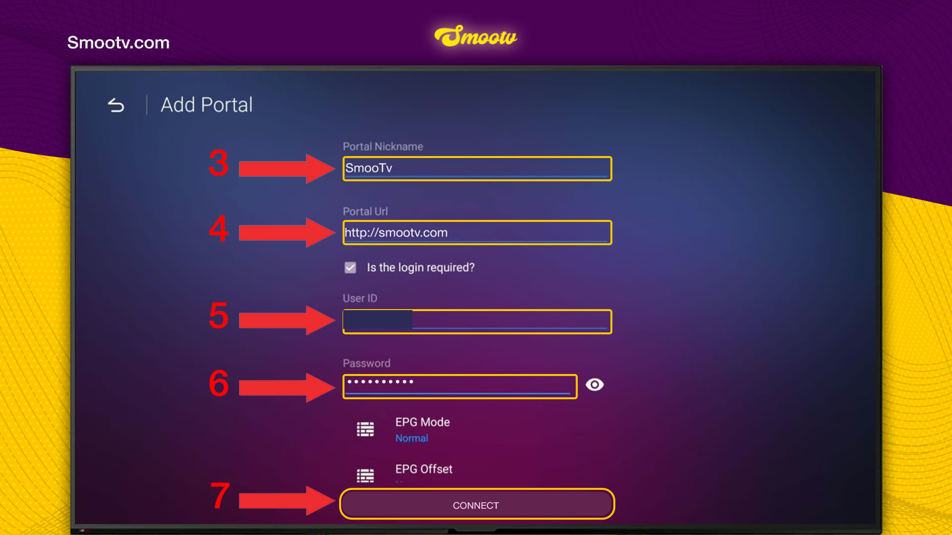 Het formulier Add Portal in MyTVOnline met de velden Portal Nickname, Portal Url, User ID en Password en de knop Connect