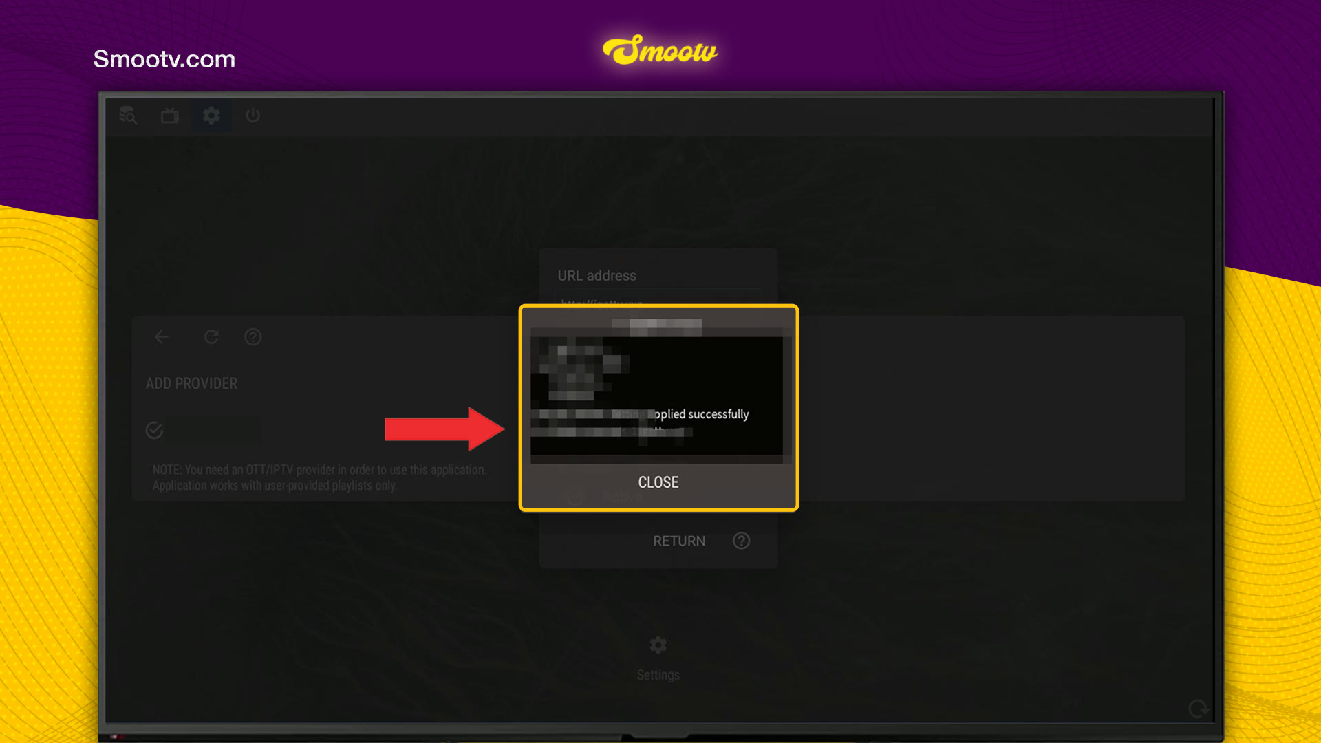 Confirmation message in OTT Navigator after the provider was applied, with the Close button
