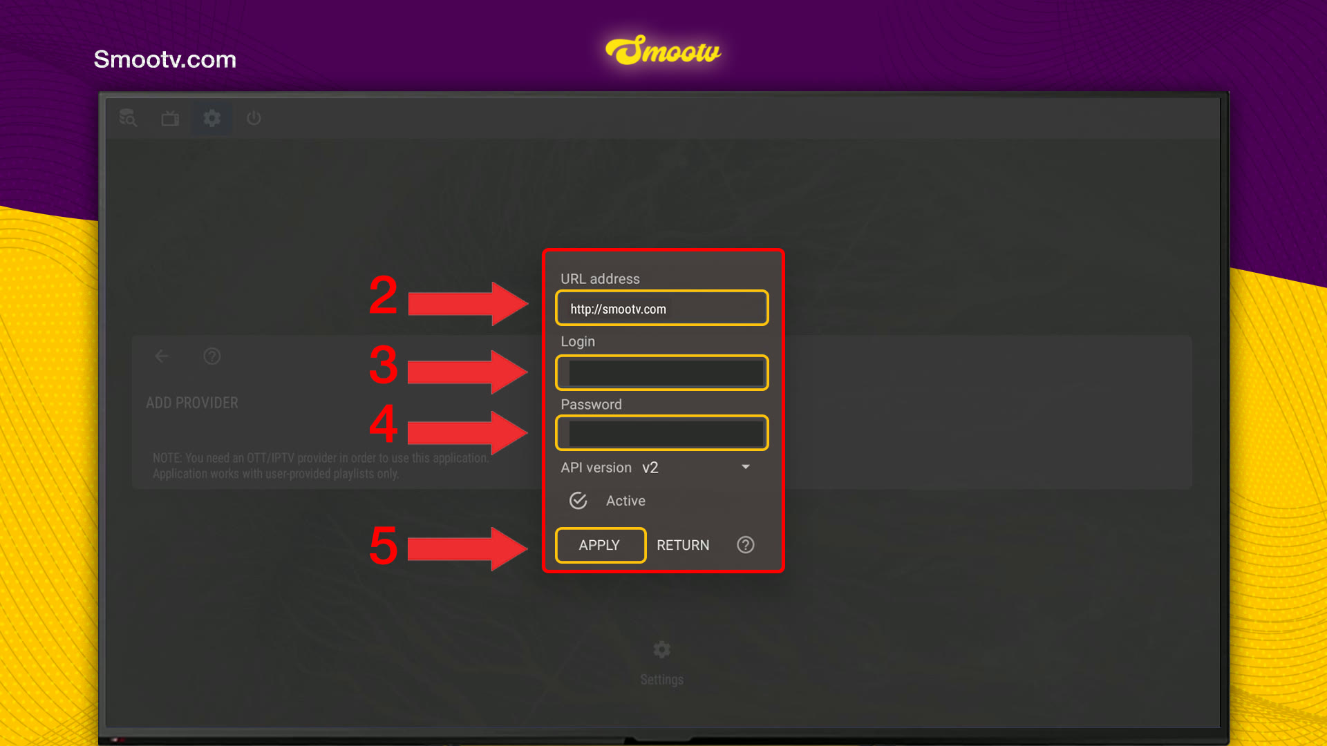 Xtream Codes form in OTT Navigator with the URL address, Login, Password, API version and Apply button