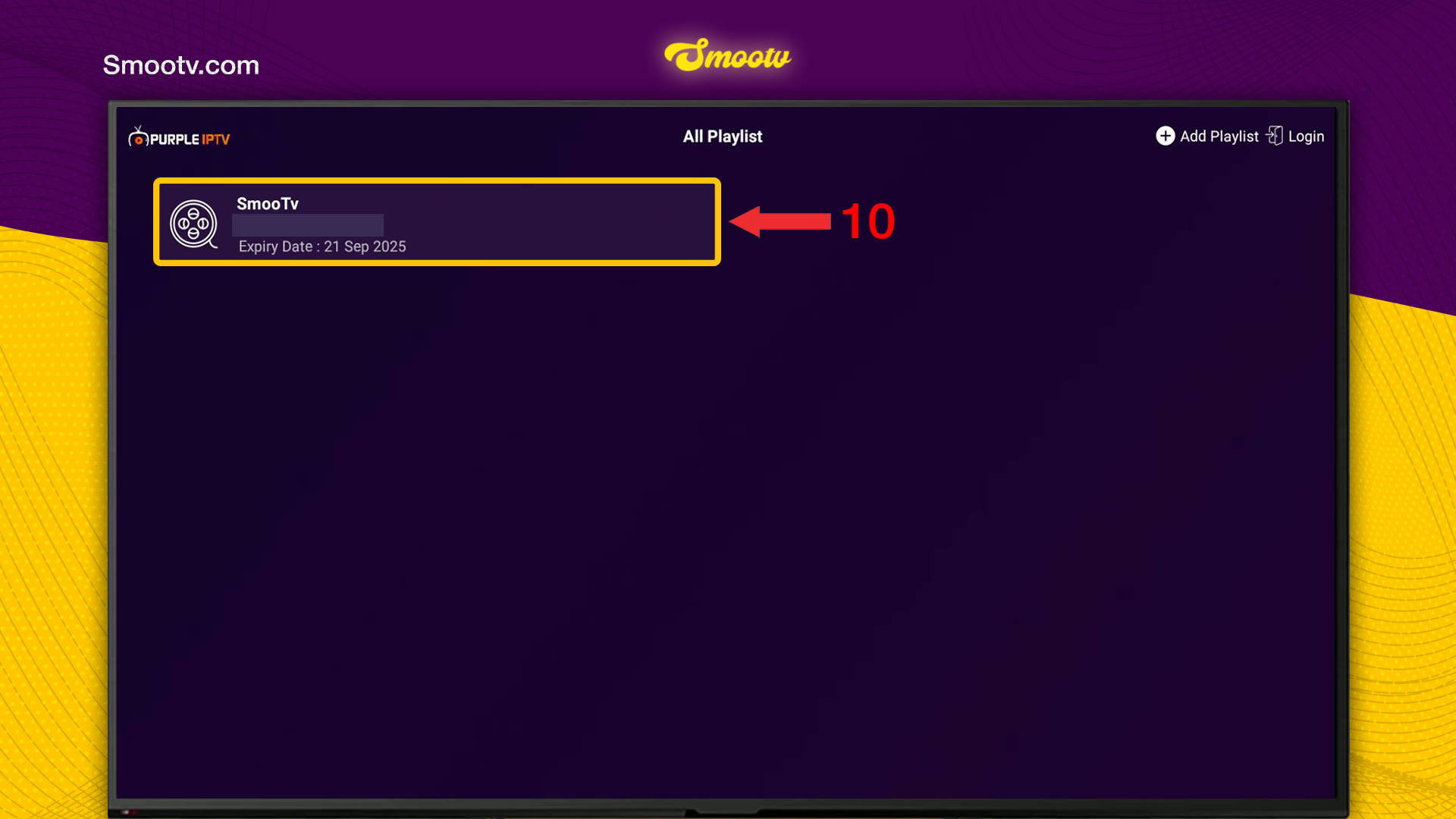 Purple IPTV All Playlist screen with the Smootv playlist and its expiry date
