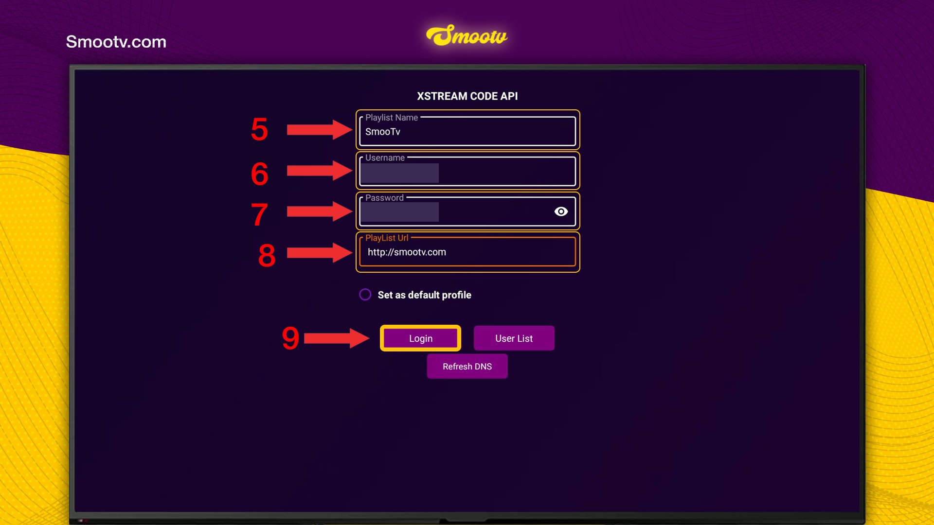 XSTREAM CODE API form in Purple IPTV with the Playlist Name, Username, Password and PlayList Url fields and the Login button