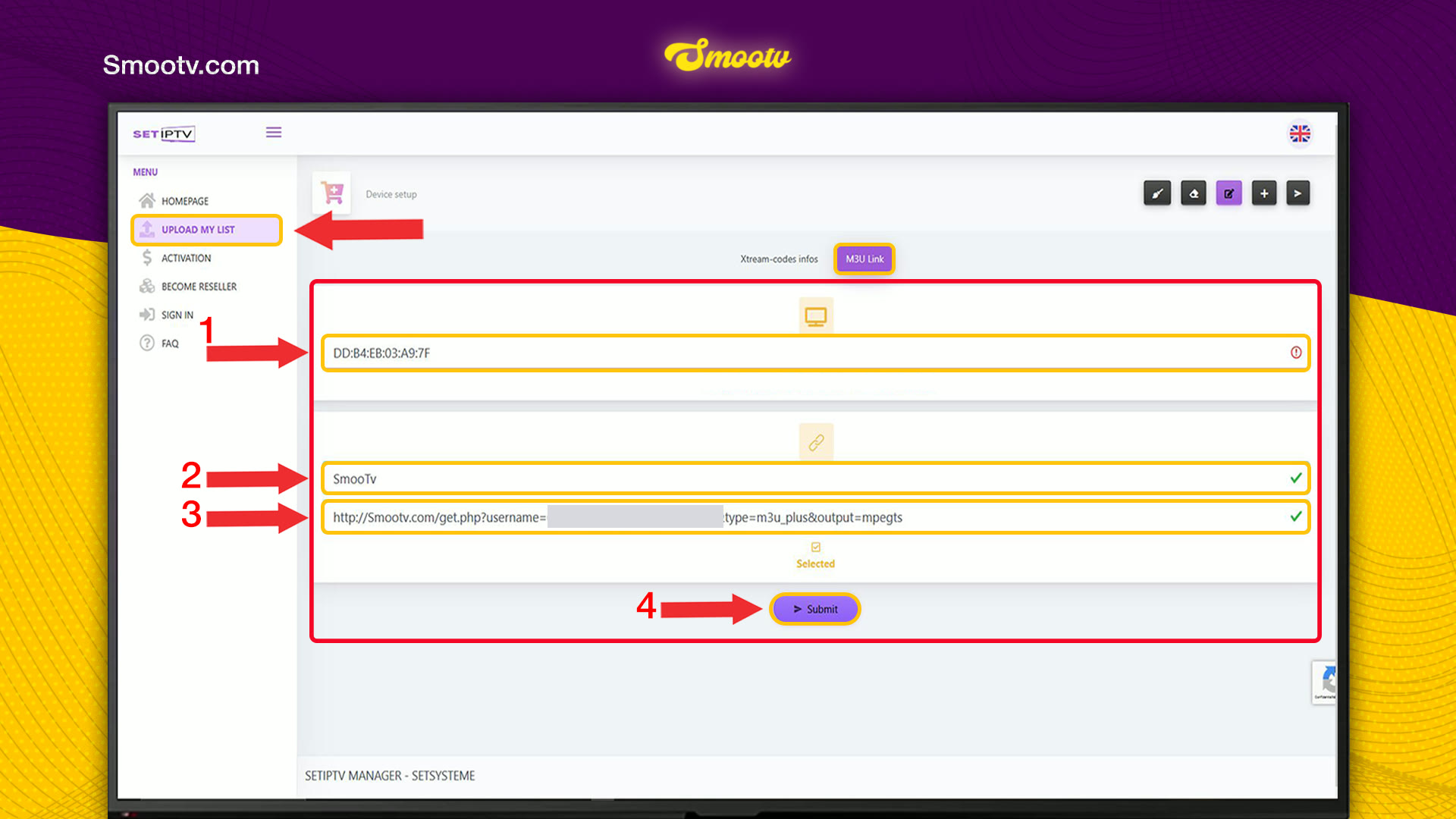 Upload My List page on the SET IPTV website with the MAC address, playlist name and M3U link fields