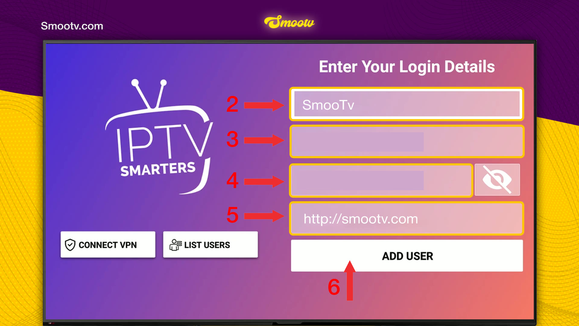 Écran Enter Your Login Details d’IPTV Smarters Pro avec les champs nom, identifiant, mot de passe et URL, et le bouton Add User