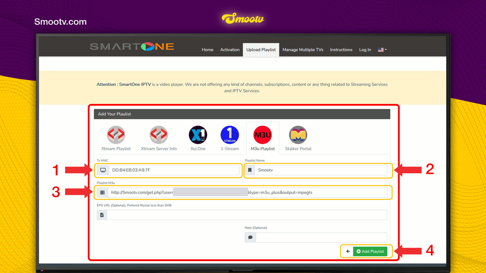 Upload Playlist page on the SmartOne website with the Tv MAC, Playlist Name and Playlist M3u fields and the Add Playlist button