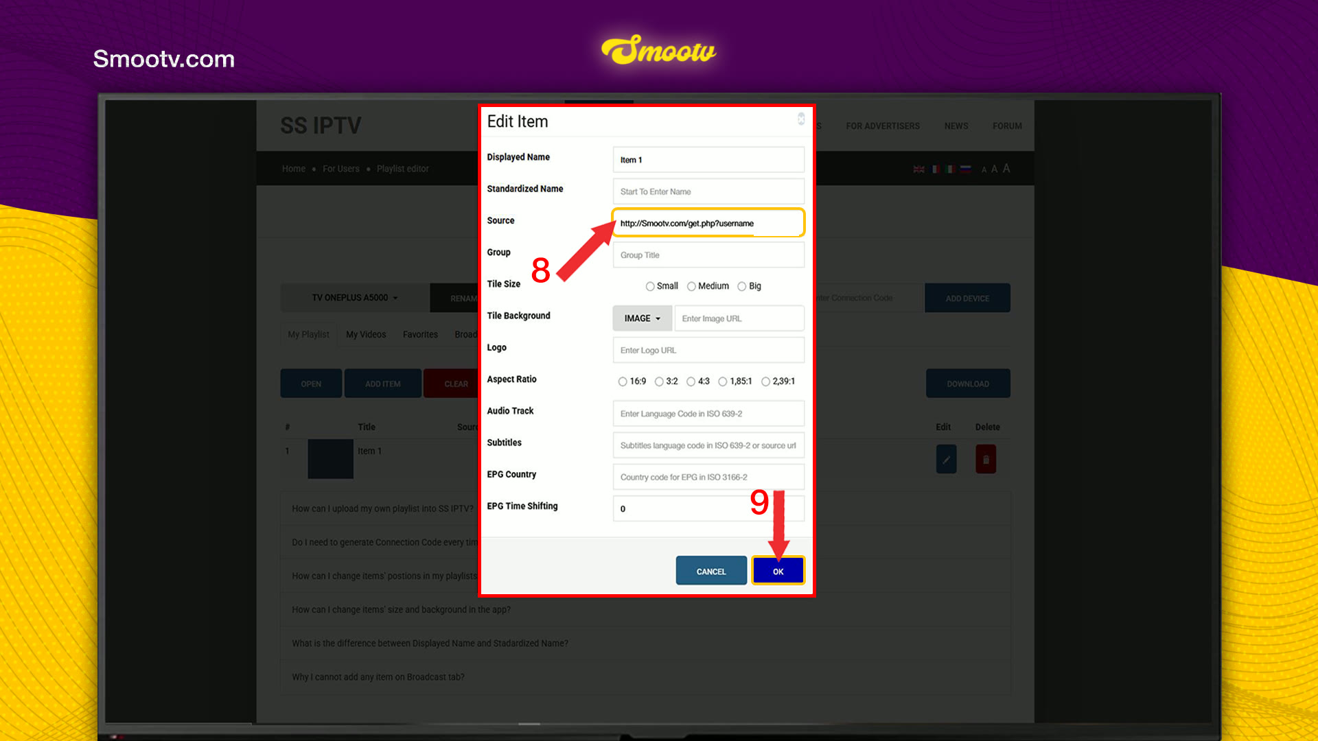 Edit Item window with the Source field for the M3U link and the OK button