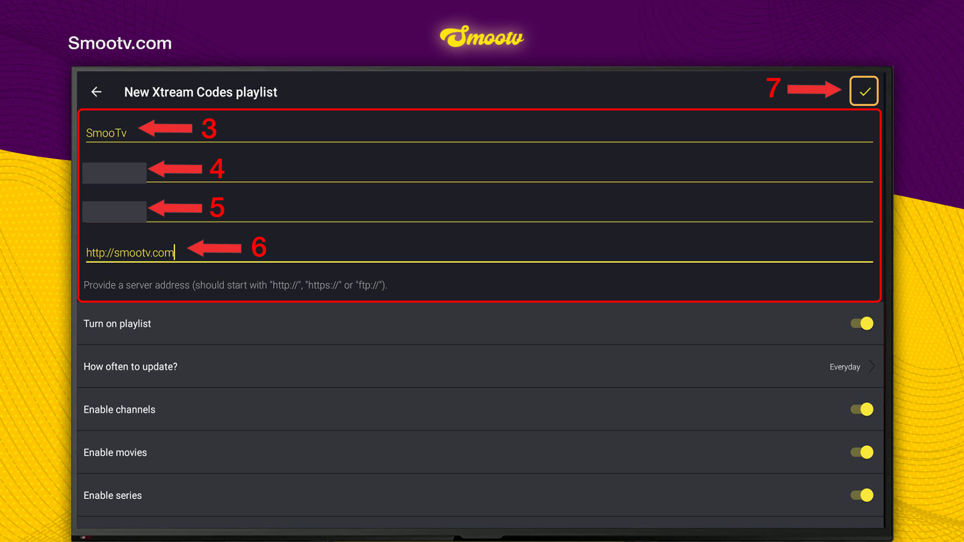 New Xtream Codes playlist screen in Televizo with the name, username, password and server address fields and the check mark to save