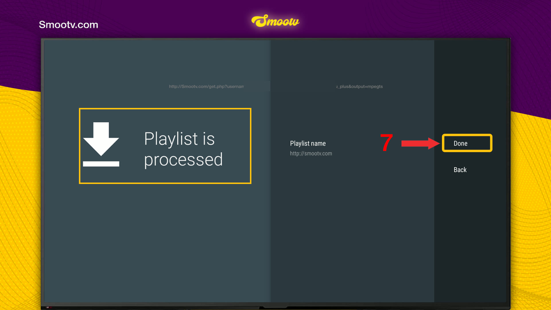 Het scherm Playlist is processed in TiviMate met de knop Done