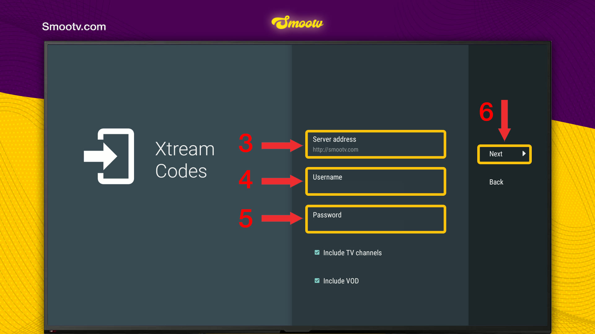 Het scherm Xtream Codes in TiviMate met de velden Server address, Username en Password en de knop Next